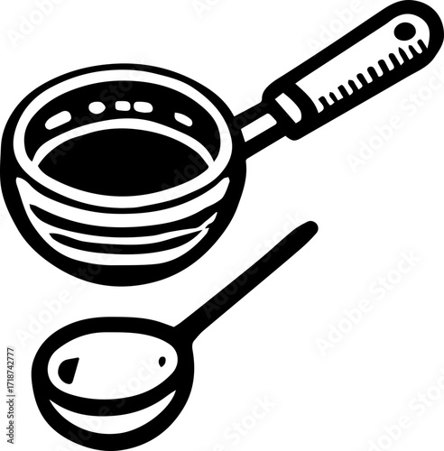 Illustration of a cooking pot with a long handle and a small spoon filled with liquid below it shown
