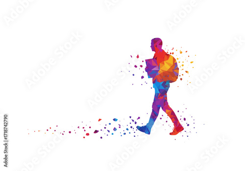Vibrant polygonal silhouette of a person walking with backpack dissolving into colorful fragments.