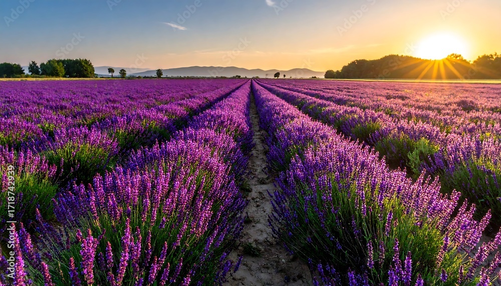 Naklejka premium Vast lavender field stretches towards the horizon at sunset. Bright sun sets over distant trees and mountains, purple hues