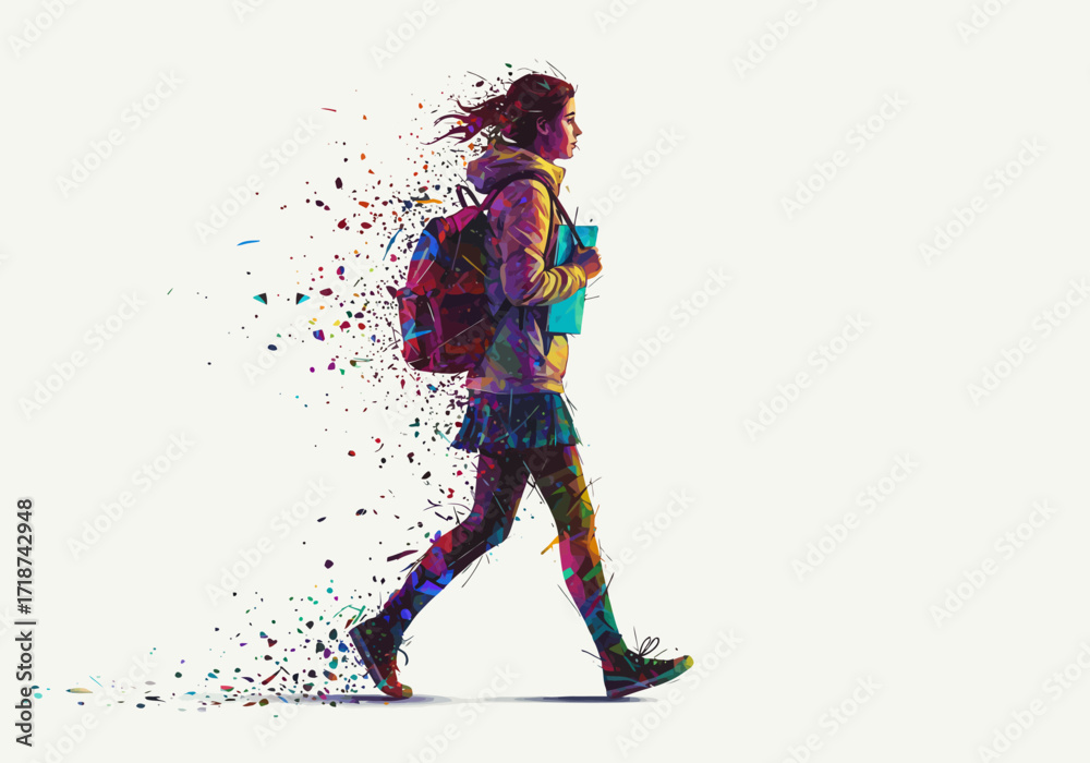Fototapeta premium Colorful Abstract Student Walking with Backpack and Books.