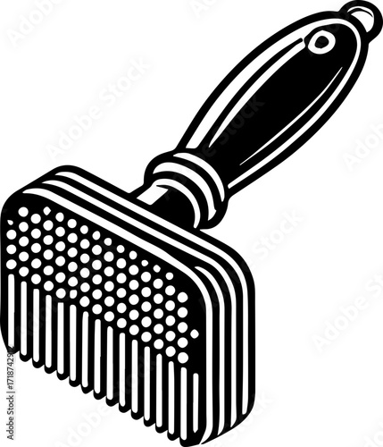 Illustration of a grooming brush with a handle and bristles for pet care and hygiene purposes shown in black