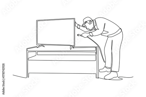 Technicians repair TV machines and others concept. Single line draw design. Vector graphic illustration