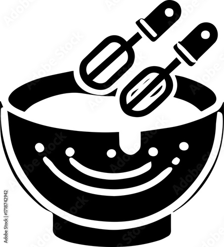 Illustration of a mixing bowl with batter and two beaters for baking or cooking preparation work
