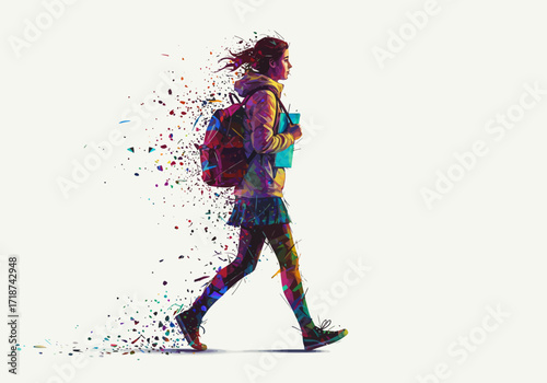 Colorful Abstract Student Walking with Backpack and Books.