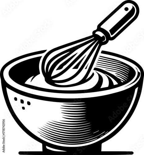 Illustration of a whisk inside a bowl filled with batter ready for baking and cooking preparation use