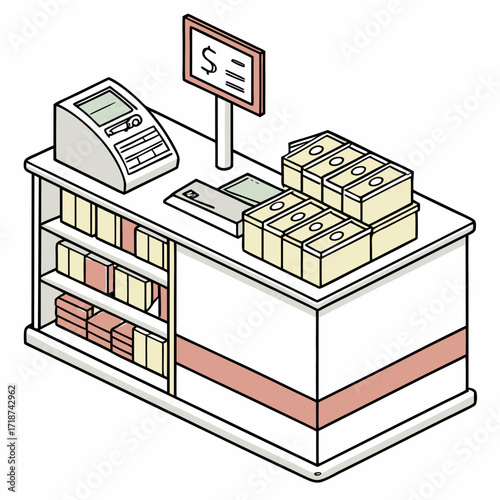 Retail counter with cash register and merchandise money