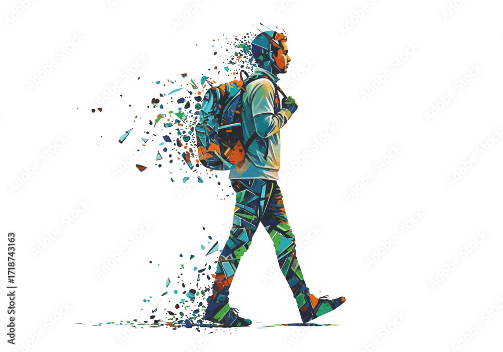 Fototapeta premium Abstract Geometric Walking Figure with Backpack Fragmented Effect.
