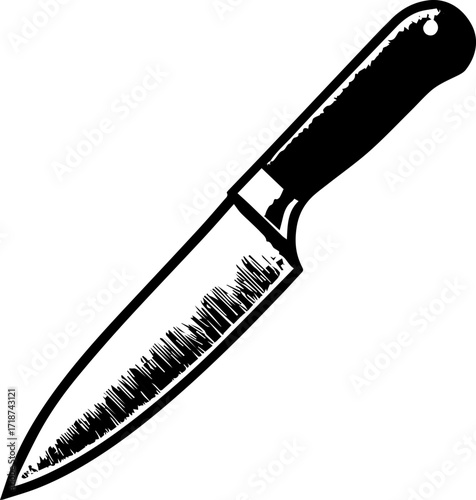 A detailed black and white drawing of a kitchen knife with a dark handle and a shiny blade design element