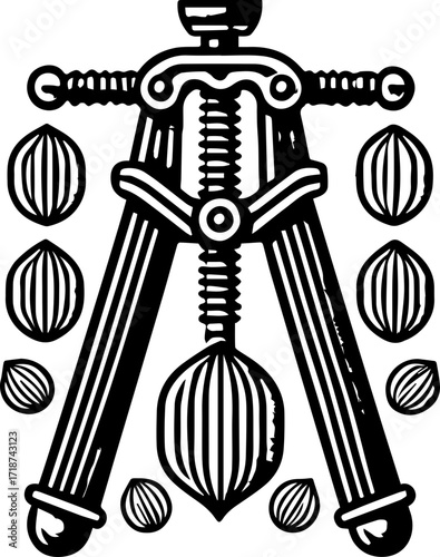 Illustration of a vintage nutcracker surrounded by stylized nuts in a symmetrical arrangement