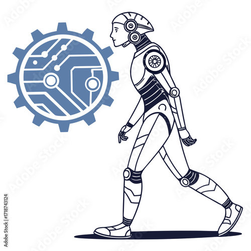 Robot walking past a large gear with circuit board design