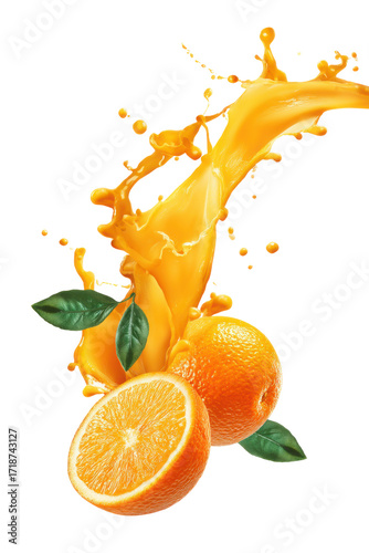 Freshly squeezed orange juice with orange slices and water drops, isolated on a transparent background.