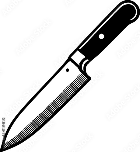 A sharp chef's knife with a black handle and a silver blade is shown in a black and white illustration