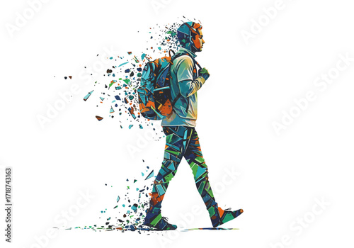 Abstract Geometric Walking Figure with Backpack Fragmented Effect.