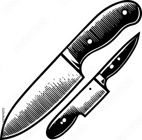 Illustration of two kitchen knives with wooden handles and blades in a black and white engraving style