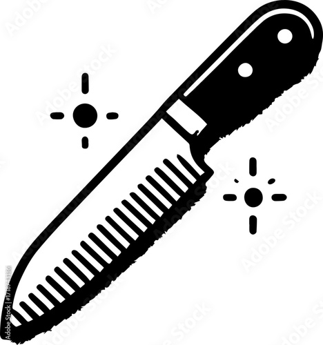 Illustration of a sharp knife with a black handle and two sparkles on a white background image view