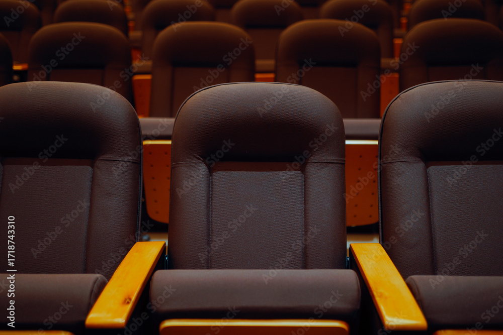 Fototapeta premium Rows of Empty Chairs in a Movie Theater Cinema Hall. Theater with rows of chairs ready to receive spectators