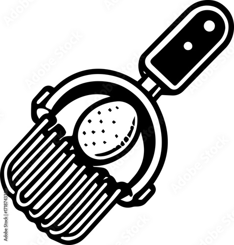 Illustration of a potato ricer with a potato inside ready for mashing and food preparation use