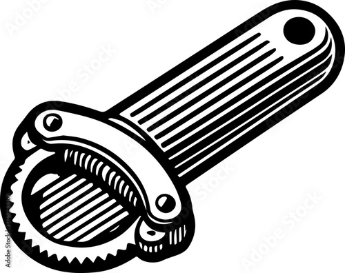 Illustration of a vintage style pizza cutter with a striped handle and a toothed cutting wheel design