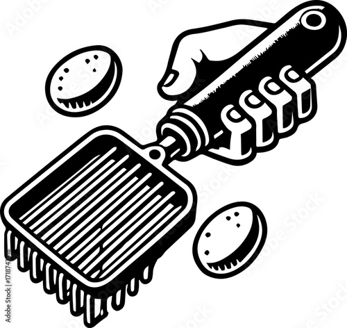 Hand holding a potato ricer with potatoes around it in a black and white illustration style image here