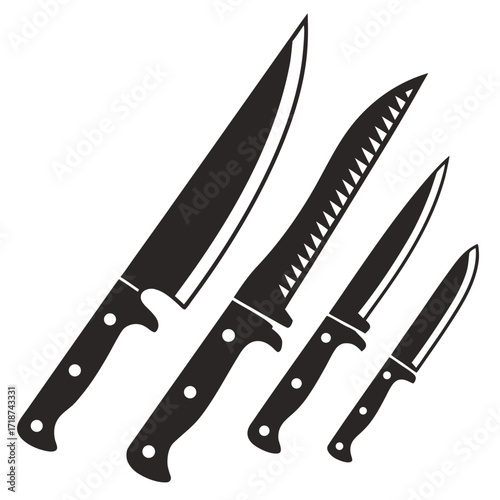 Set of Four Kitchen Knives on White Background cutlery