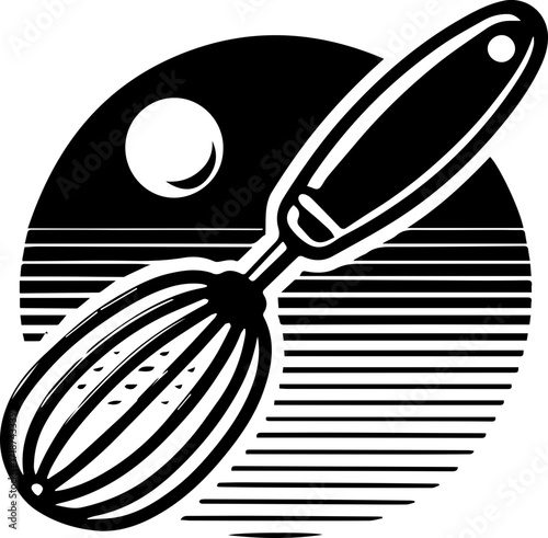 Illustration of a whisk against a black and white background with a circle and horizontal lines