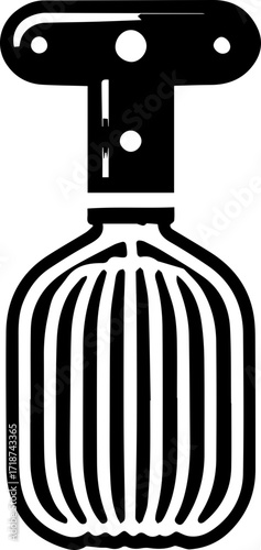 Illustration of a vintage perfume bottle with a striped body and a t shaped stopper design element