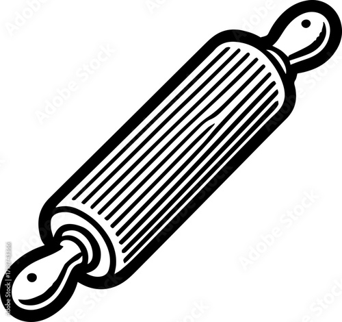 Illustration of a rolling pin with a cylindrical body and handles on either side in black and white style