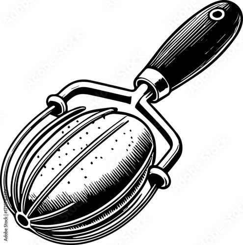 Illustration of a nut grater with a wooden handle holding an oval nut ready to be grated in black and white