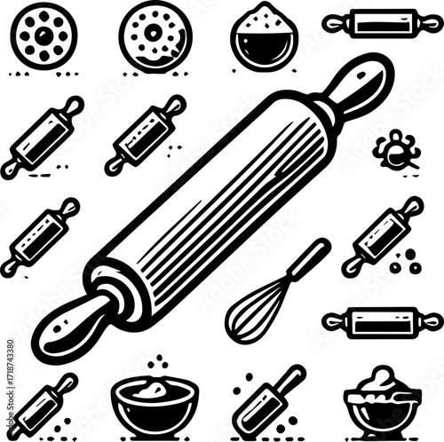 Illustration of baking tools including rolling pins bowls and whisks in a monochrome drawing style