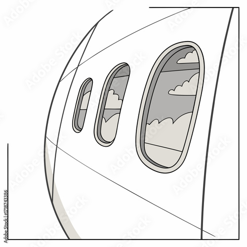 Side view of airplane fuselage with multiple windows showing clouds