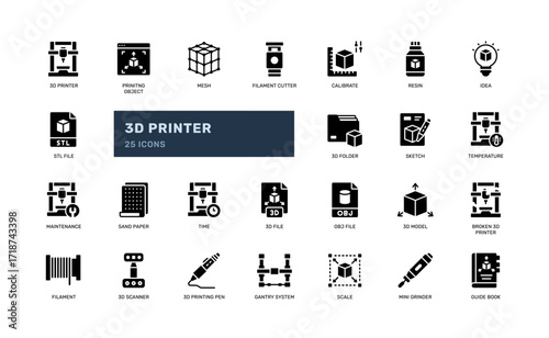 Glyph style 3D printer icons for manufacturing and modeling tools