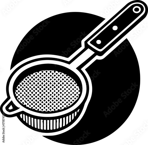 A black and white illustration of a kitchen strainer against a circular black background element design