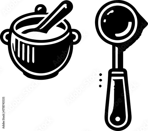 Illustration of a cooking pot with a spoon inside and a ladle on a white background in black ink