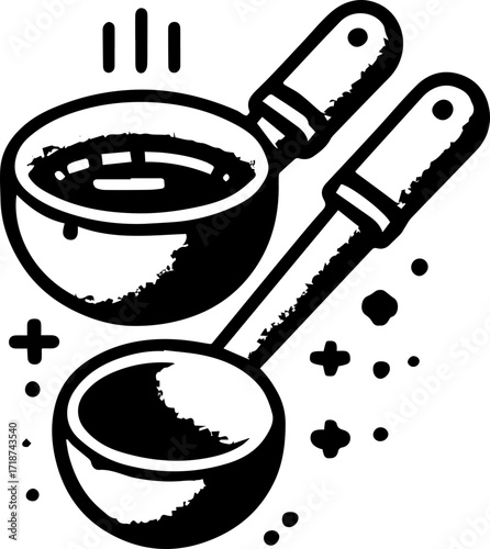 Two ladles with handles and liquid in one, surrounded by plus and dot shapes in black and white style