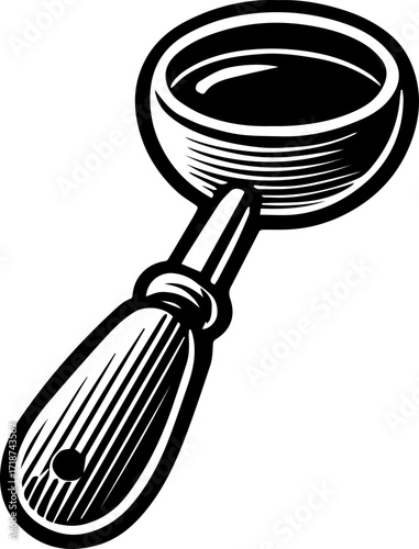 Illustration of a black and white ladle with a bowl and a handle featuring line details and a hole end