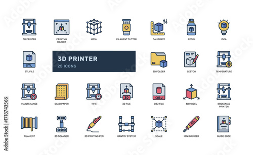 3D printer color line icons for printing tools and components
