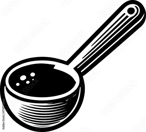 Illustration of a black and white ladle filled with liquid and small bubbles, with a long handle design