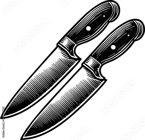 Illustration of two kitchen knives with wooden handles in a black and white engraved style design