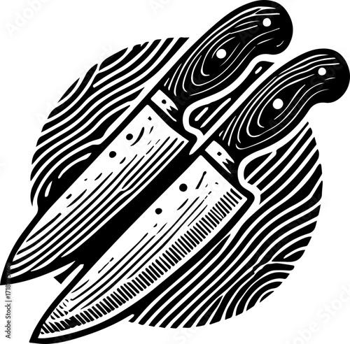 Two kitchen knives with wooden handles overlapping on a circular woodgrain background illustration design