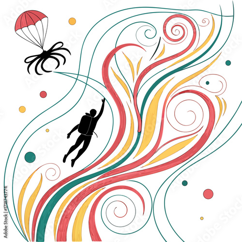 Skydiver with parachute and abstract colorful swirls