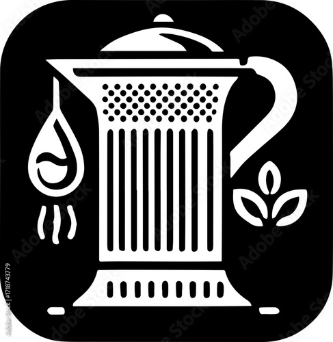 Black and white illustration of a french press with a coffee drip and tea leaves design element