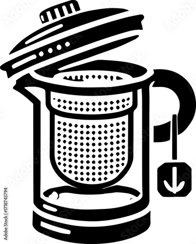 Illustration of a tea infuser with an open lid and a tea bag hanging from the handle in black and white