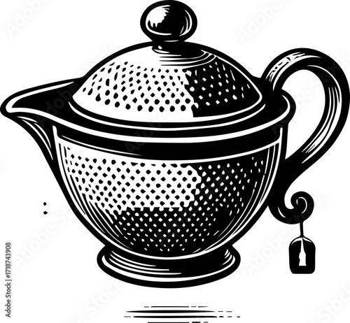 Illustration of a classic teapot with a lid and a hanging tea bag in black and white design style