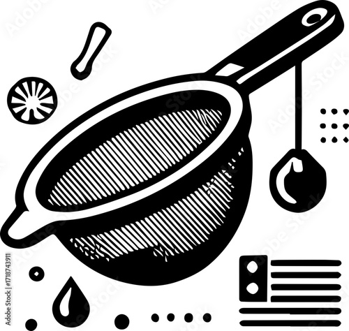 Illustration of a cocktail strainer with lemon slice and other graphic elements in black and white