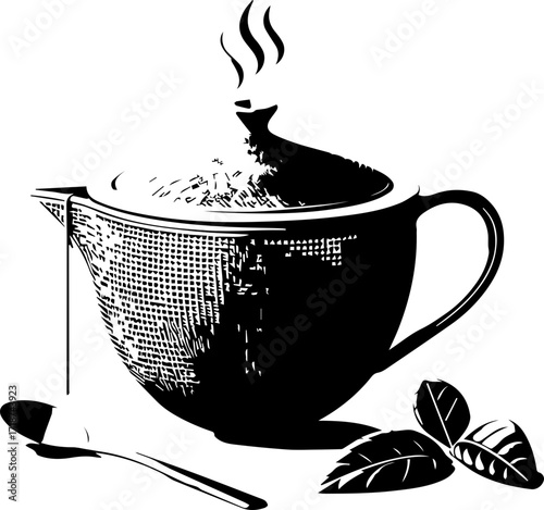 Illustration of a steaming teapot with a spoon, sugar cube, and basil leaves in black and white style