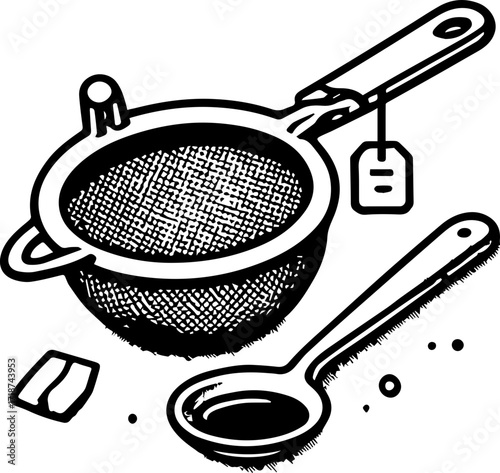 Illustration of a tea strainer with a tea bag a spoon and sugar cube in black and white drawing style