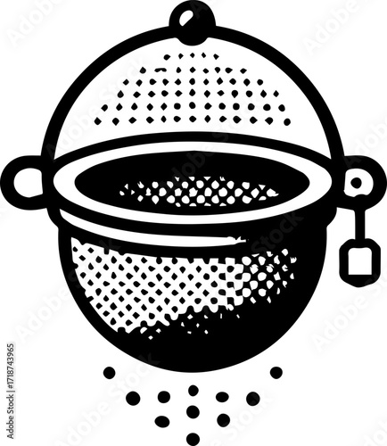 A black and white illustration of a tea infuser with a handle and small particles falling down from it