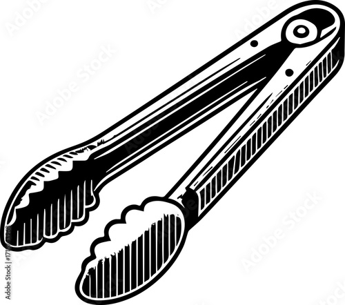 Illustration of a pair of black and white kitchen tongs with scalloped edges and hinge detail showing 100