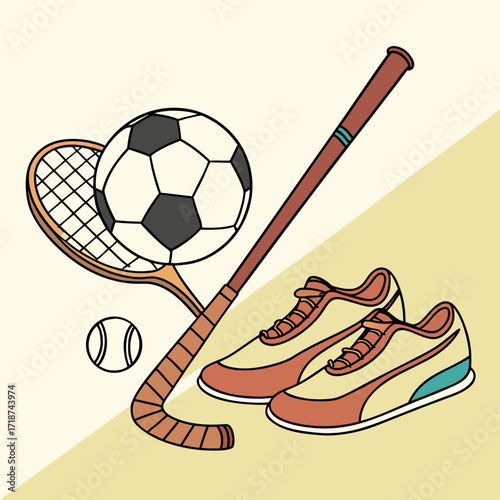 Sports Equipment Collage on Split Background Keywords: soccer ball, tennis racket, baseball bat