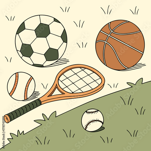 Sports Balls And Tennis Racket On Grassy Background Keywords: sports, equipment, tennis, racket